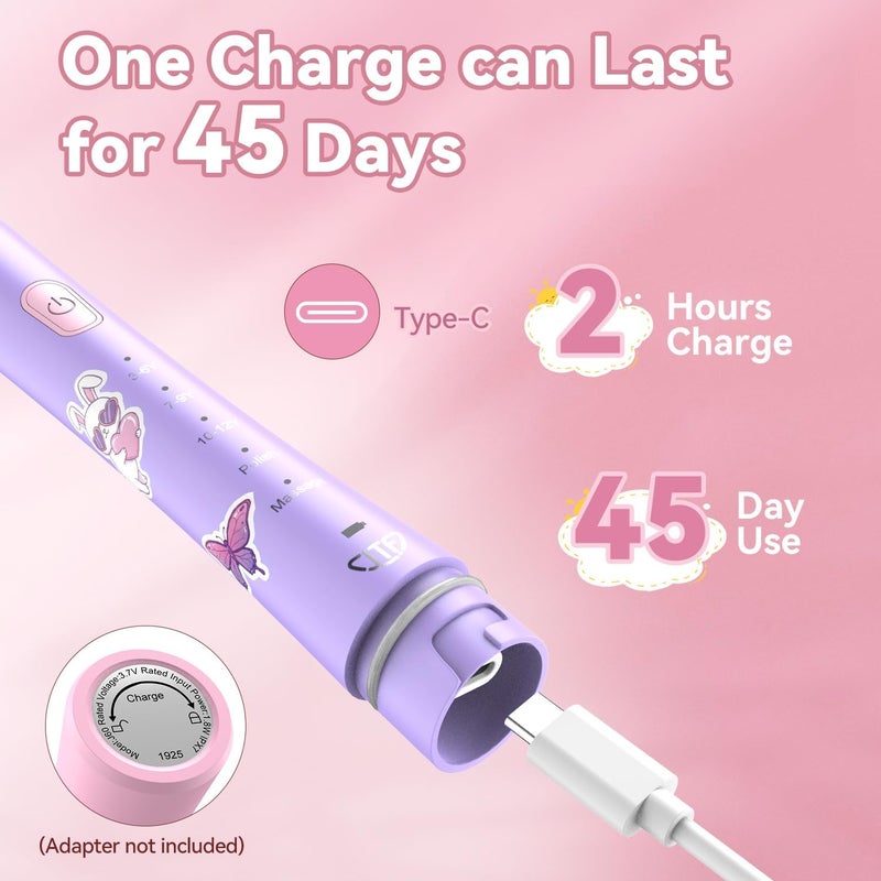 JTF Kids Electric Toothbrush Rechargeable: Sonic Tooth Brush with Smart Timer 5 Brushing Modes 4 Soft Brush Heads IPX7 Waterproof and DIY Sticker, Portable Pink Children Toothbrushes for Girl, Ages 3+ - Image 5
